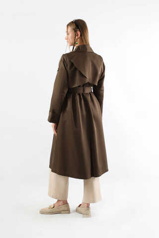 Asimetrik Rüzgarlıklı Düğmeli Trençkot Kahve - 6
