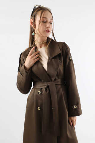 Asimetrik Rüzgarlıklı Düğmeli Trençkot Kahve - 2