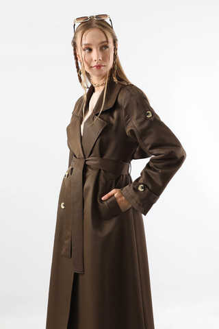 Asimetrik Rüzgarlıklı Düğmeli Trençkot Kahve - 4