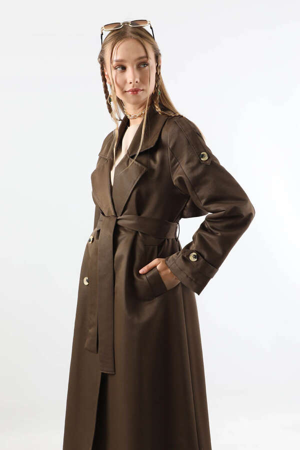 Asimetrik Rüzgarlıklı Düğmeli Trençkot Kahve - 4
