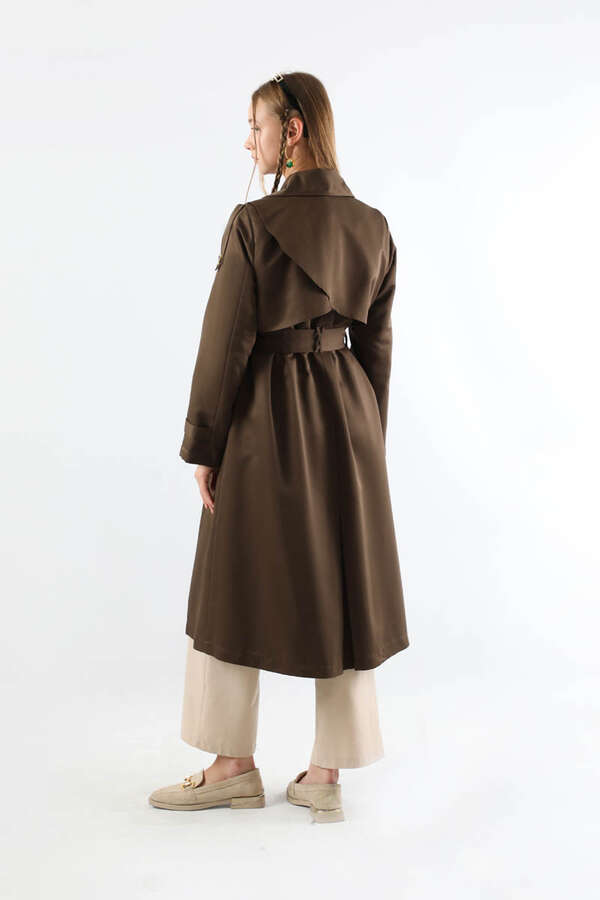 Asimetrik Rüzgarlıklı Düğmeli Trençkot Kahve - 6