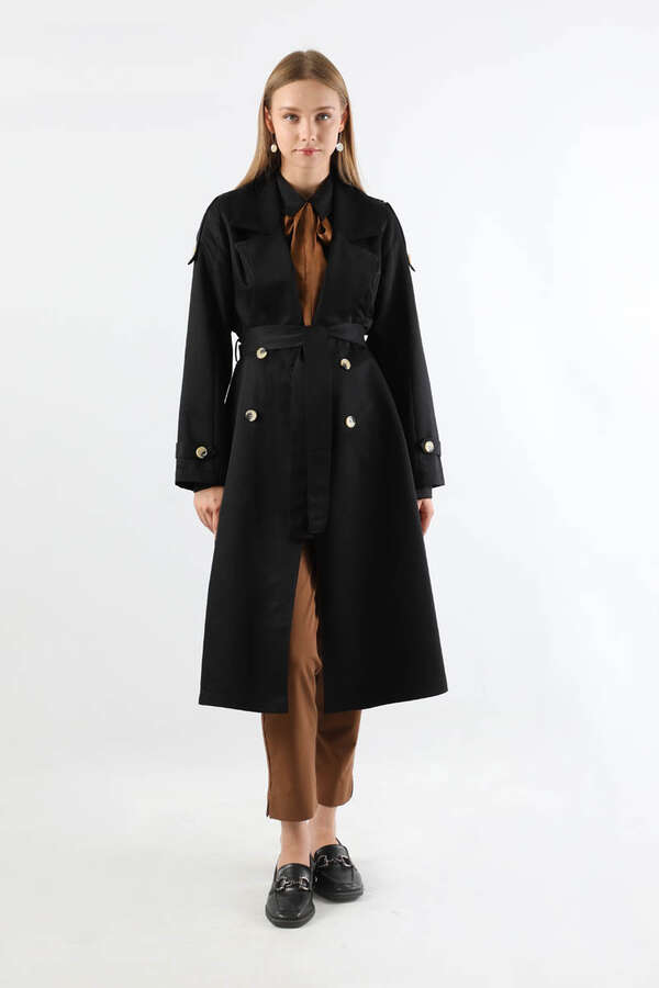 Asimetrik Rüzgarlıklı Düğmeli Trençkot Siyah 