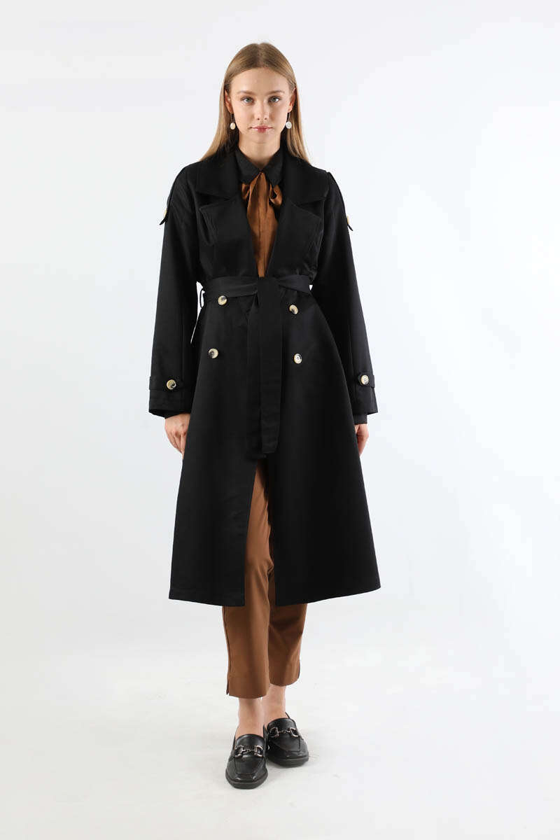 Asimetrik Rüzgarlıklı Düğmeli Trençkot Siyah