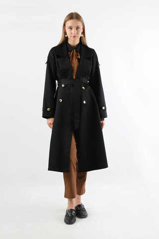 Asimetrik Rüzgarlıklı Düğmeli Trençkot Siyah - 1