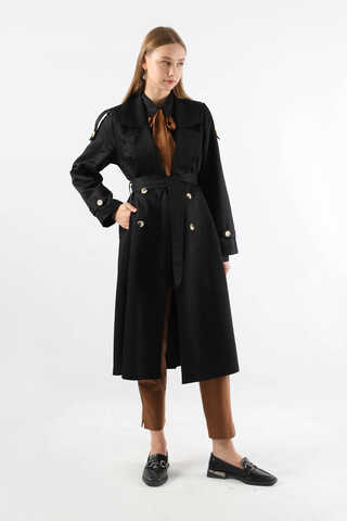 Asimetrik Rüzgarlıklı Düğmeli Trençkot Siyah - 3