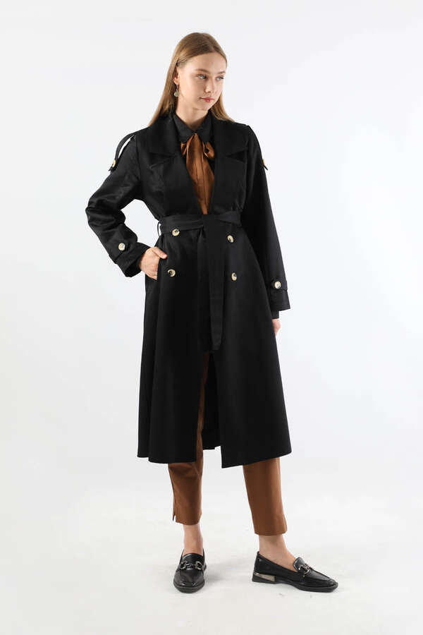 Asimetrik Rüzgarlıklı Düğmeli Trençkot Siyah - 3