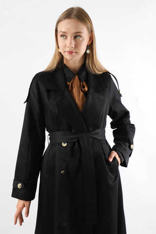 Asimetrik Rüzgarlıklı Düğmeli Trençkot Siyah - 4