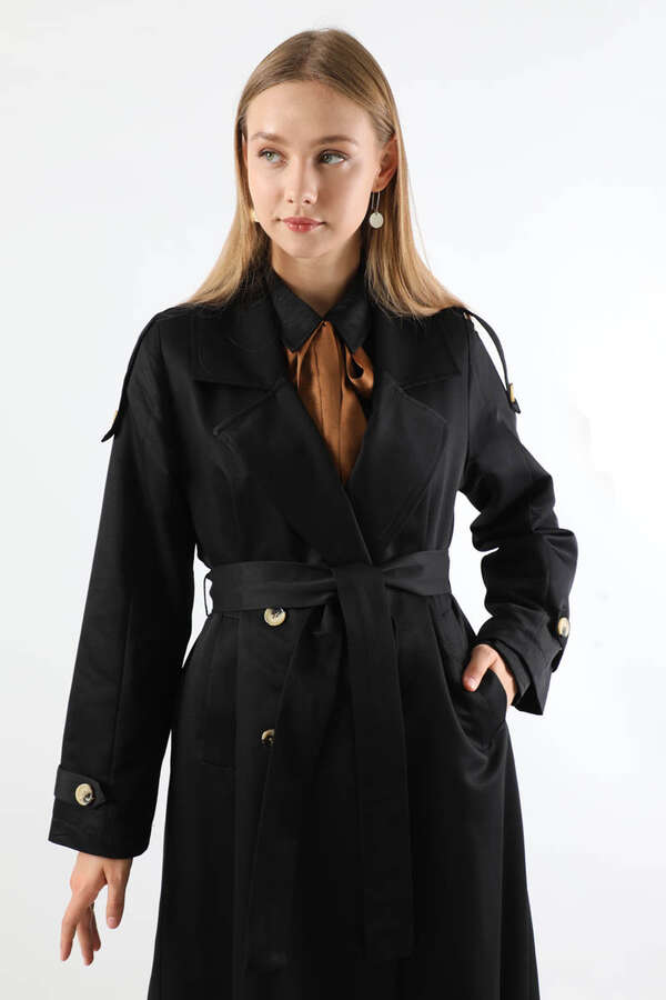 Asimetrik Rüzgarlıklı Düğmeli Trençkot Siyah - 4