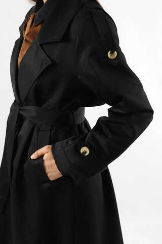 Asimetrik Rüzgarlıklı Düğmeli Trençkot Siyah - 5