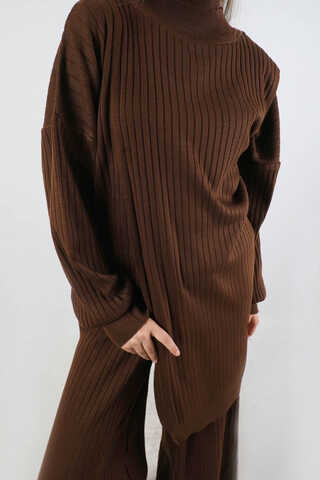Asimetrik Triko Takım Kahve - 2