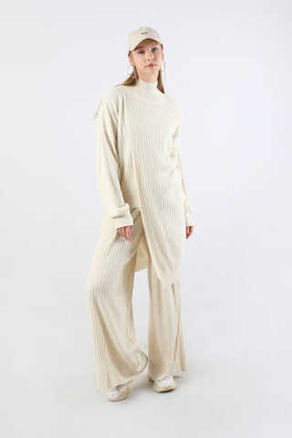 Asimetrik Triko Takım Krem - 1