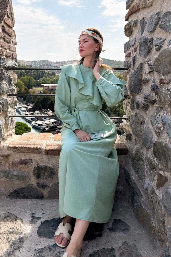 Asimetrik Volanlı Elbise Mint - 11