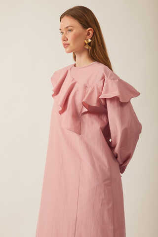 Asimetrik Volanlı Elbise Pembe - 3