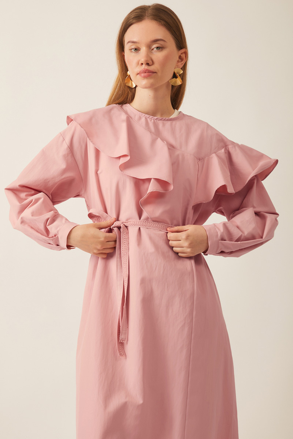 Asimetrik Volanlı Elbise Pembe - 7