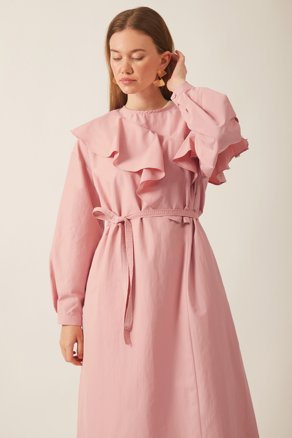 Asimetrik Volanlı Elbise Pembe - 8