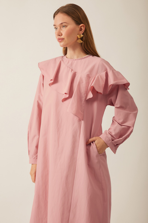 Asimetrik Volanlı Elbise Pembe - 4