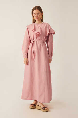 Asimetrik Volanlı Elbise Pembe - 5