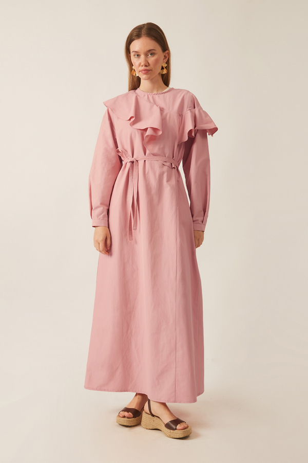 Asimetrik Volanlı Elbise Pembe - 5