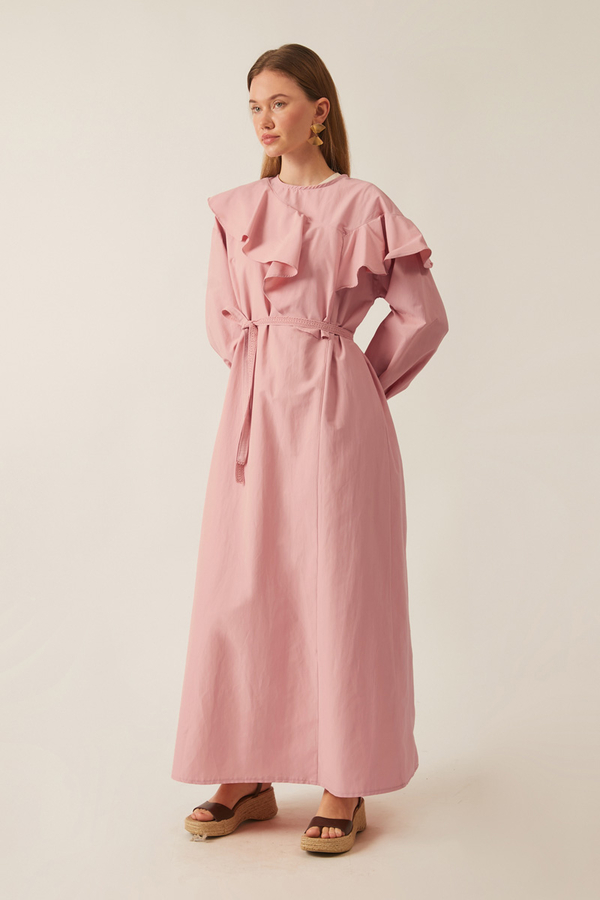 Asimetrik Volanlı Elbise Pembe - 9