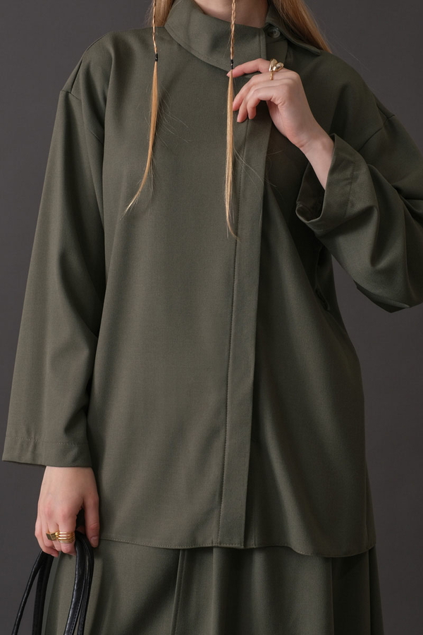 Asimetrik Yaka Gömlek Haki - 5