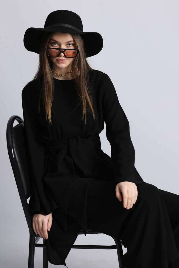 Asymmetric Belted Tunic Suit Black - 2