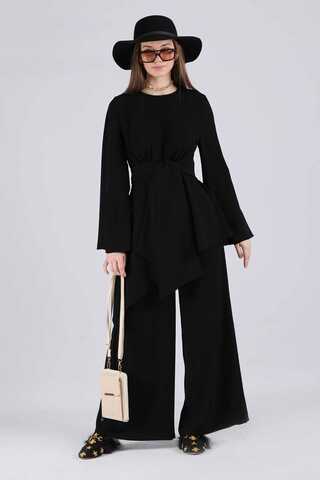 Asymmetric Belted Tunic Suit Black - 3