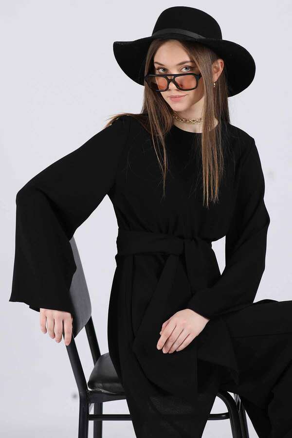 Asymmetric Belted Tunic Suit Black - 4