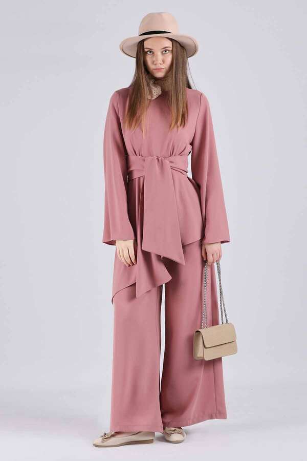 Asymmetric Belted Tunic Suit Dried Rose - 1