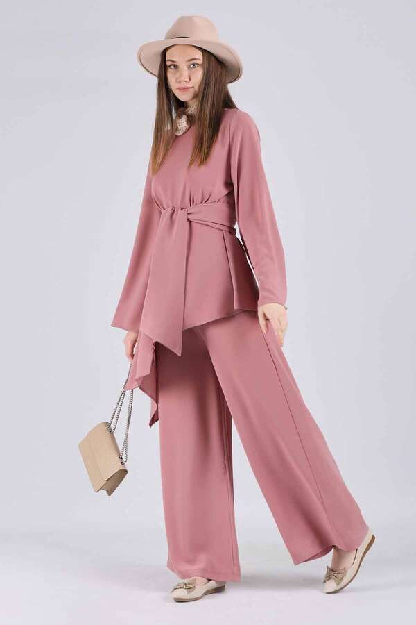 Asymmetric Belted Tunic Suit Dried Rose - 3