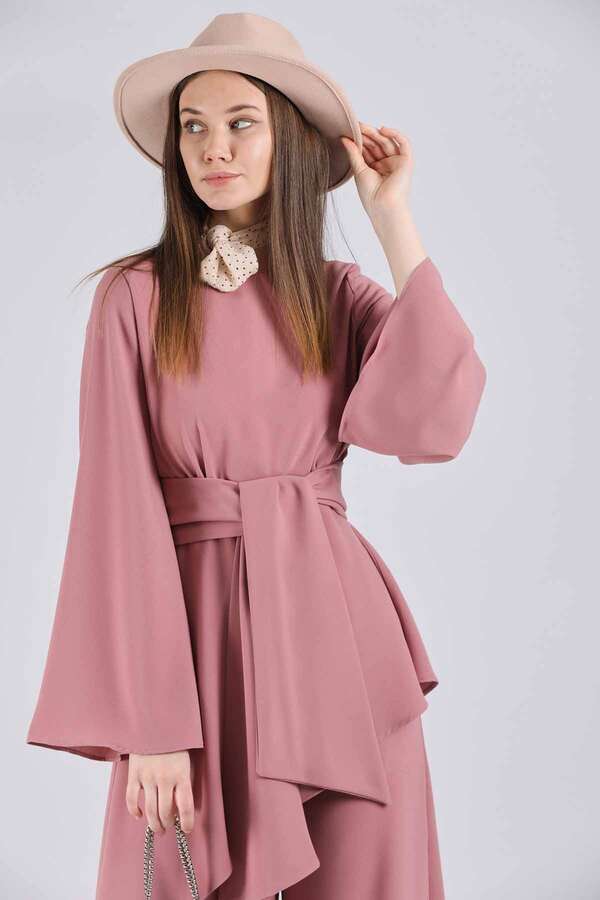 Asymmetric Belted Tunic Suit Dried Rose - 4