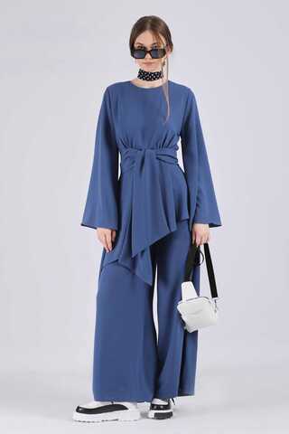 Asymmetric Belted Tunic Suit İndigo - 1