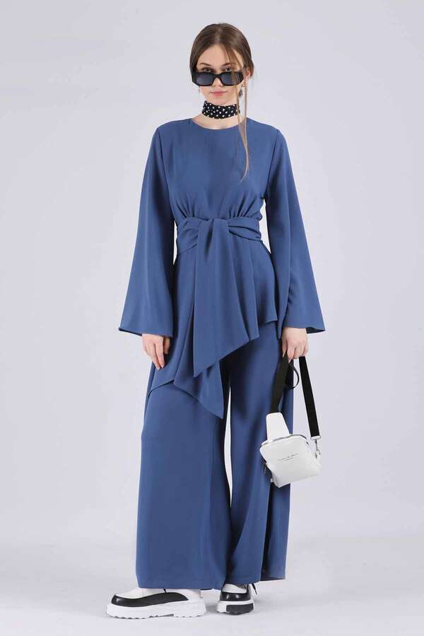 Asymmetric Belted Tunic Suit İndigo 