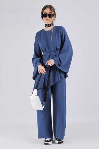 Asymmetric Belted Tunic Suit İndigo - 3