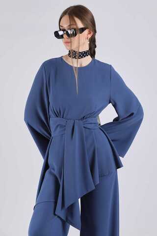 Asymmetric Belted Tunic Suit İndigo - 4