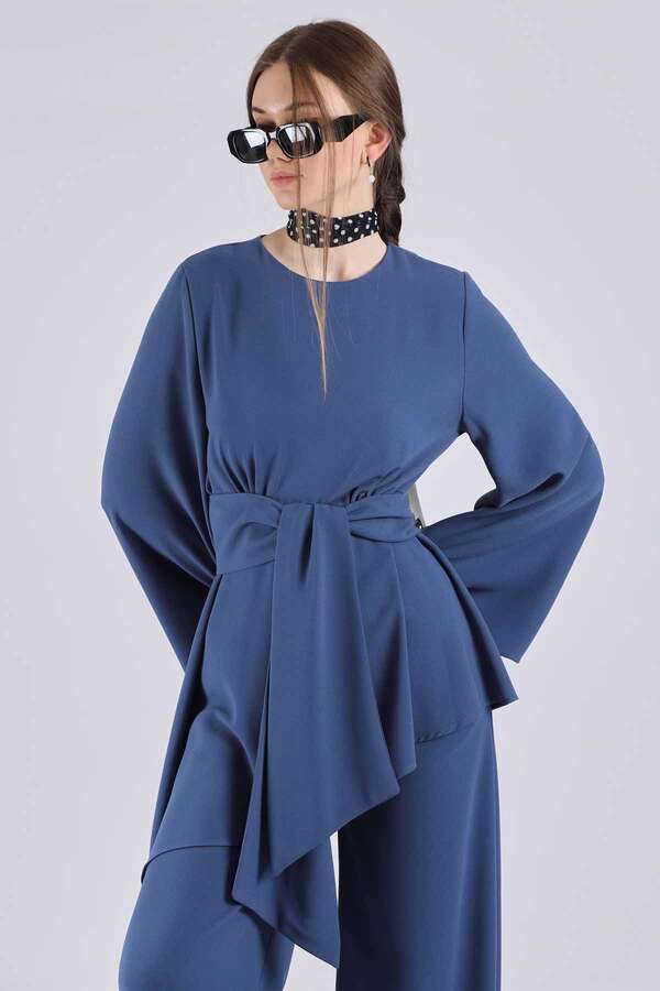 Asymmetric Belted Tunic Suit İndigo - 4