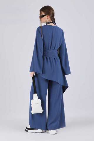 Asymmetric Belted Tunic Suit İndigo - 5