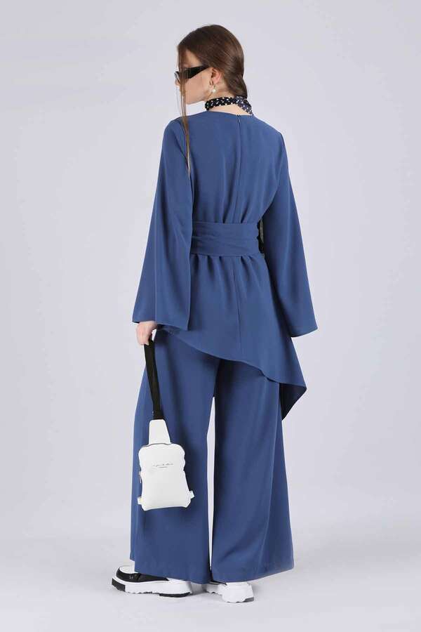 Asymmetric Belted Tunic Suit İndigo - 5