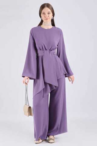Asymmetric Belted Tunic Suit Purple - 1