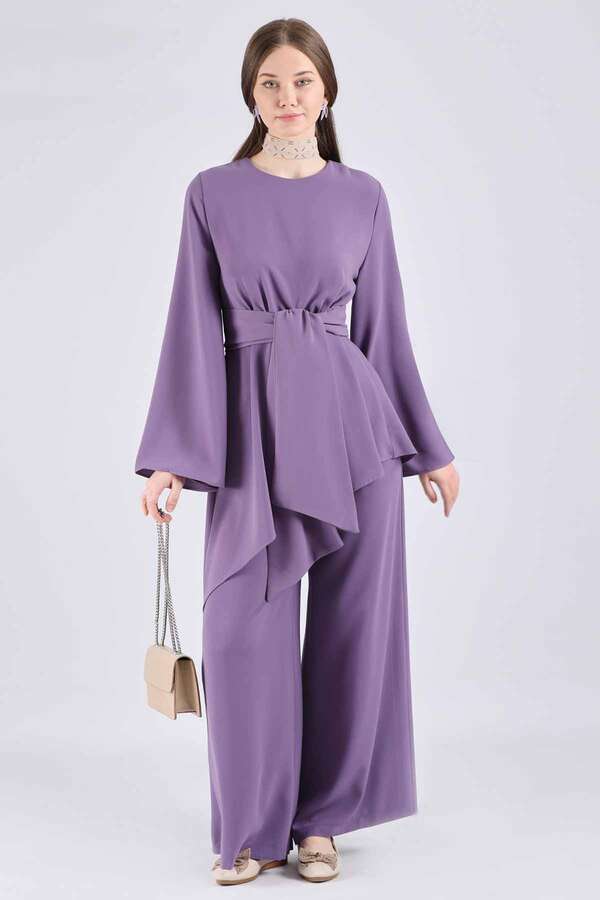 Asymmetric Belted Tunic Suit Purple 
