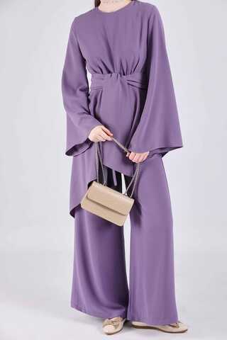 Asymmetric Belted Tunic Suit Purple - 2