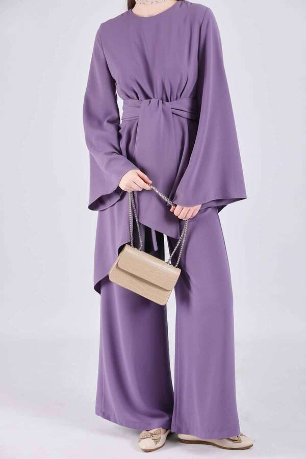 Asymmetric Belted Tunic Suit Purple - 2