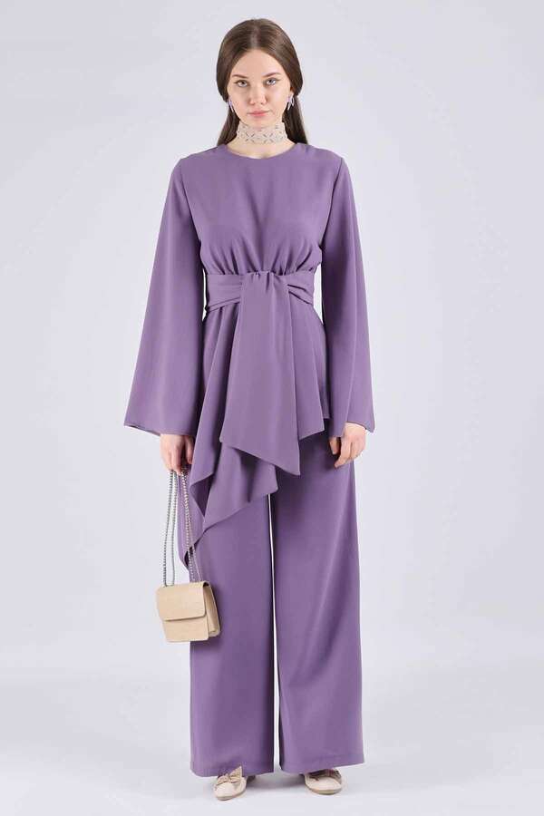 Asymmetric Belted Tunic Suit Purple - 3