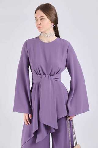 Asymmetric Belted Tunic Suit Purple - 4