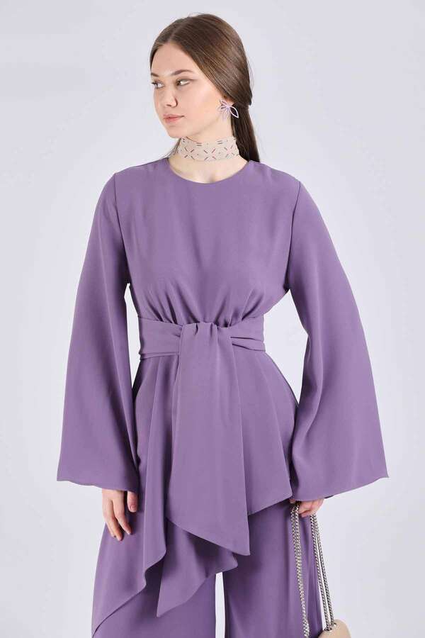 Asymmetric Belted Tunic Suit Purple - 4