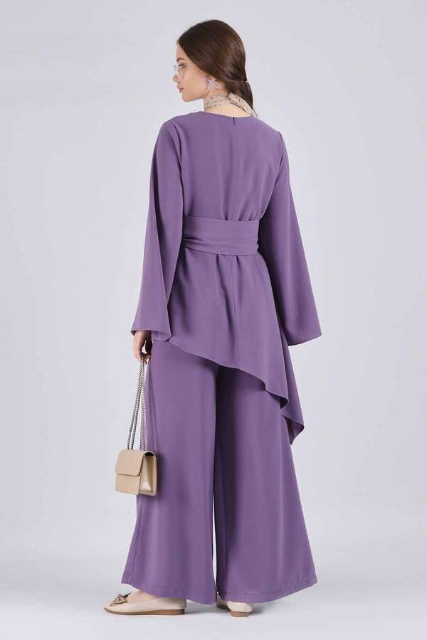 Asymmetric Belted Tunic Suit Purple - 5