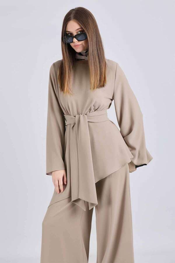 Asymmetric Belted Tunic Suit Stone - 2