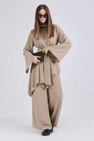 Asymmetric Belted Tunic Suit Stone - 3