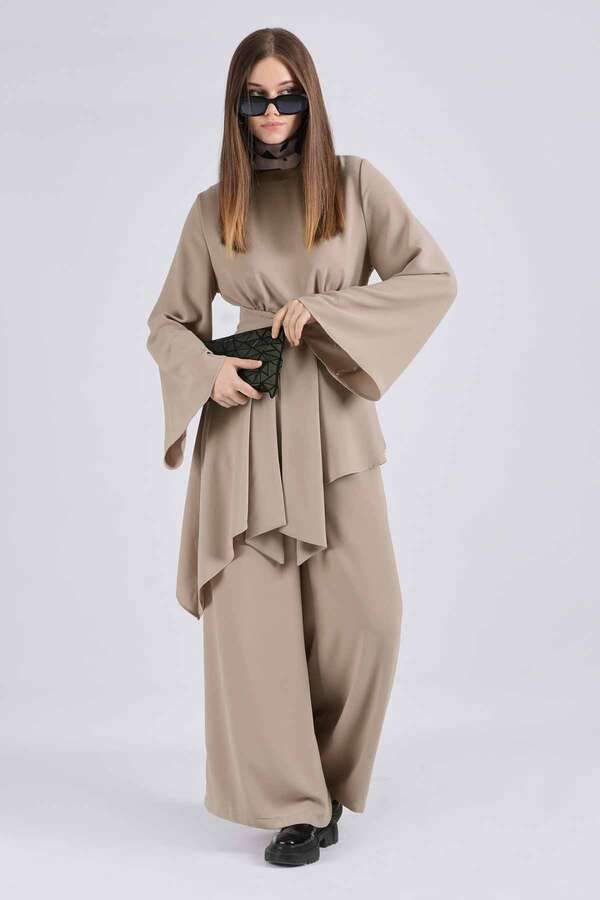 Asymmetric Belted Tunic Suit Stone - 3