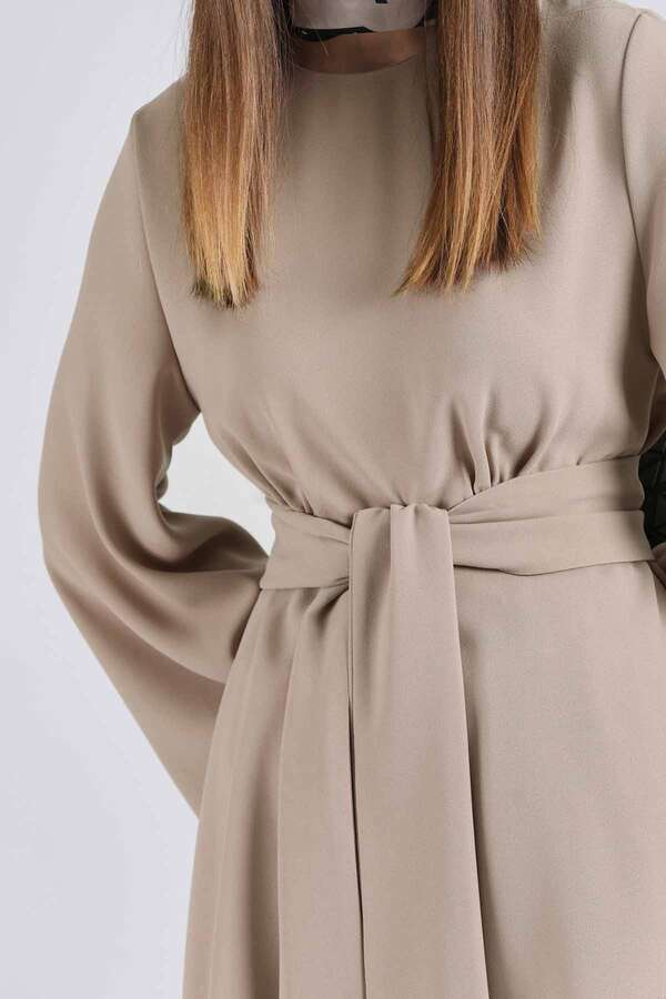 Asymmetric Belted Tunic Suit Stone - 4