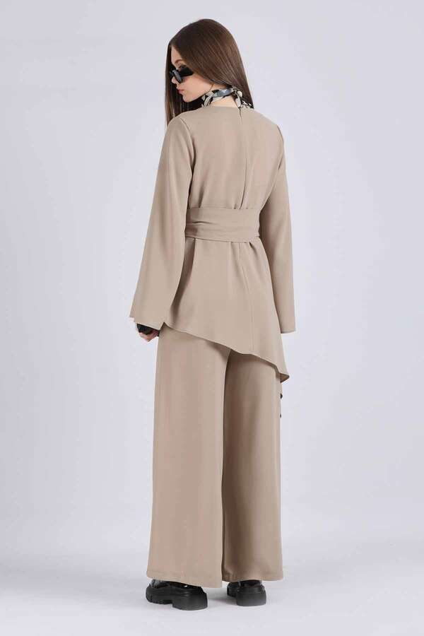 Asymmetric Belted Tunic Suit Stone - 5
